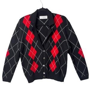 VTG Evan Picone Argyle Cardigan Lambswool Angora Black Red 80's Size PM Preppy